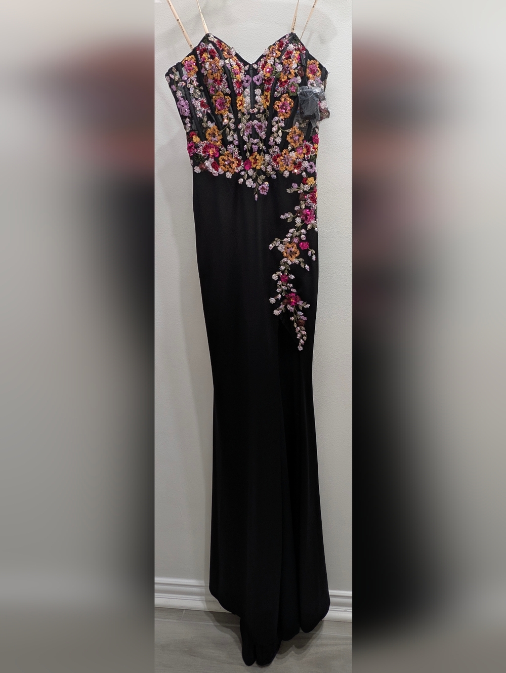 Faviana Black Gown with Pink, Purple and Gold Floral Embroidery